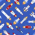 Vector technology ship rocket cartoon seamless pattern. Royalty Free Stock Photo