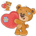 Vector teddy bear holding a red heart in his paws, confessing to love