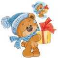 Vector teddy bear in a knitted cap and scarf handing a gift box. Royalty Free Stock Photo