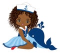 Cute Beautiful African American Girl Wearing Nautical Dress Holding Baby Whale. Vector Nautical Girl Royalty Free Stock Photo