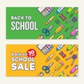 Vector template of back to school sale. School stationery icons and text. Sale poster in flat design style.