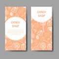 Vector template for business card with hand drawn candy sweets. Food shop poster. Brochure with lollipop, gum, nicy Royalty Free Stock Photo