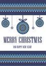 Vector template card Merry Christmas in traditional style. New Years background with holiday balls pixel ornament.