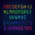 Vector template of colorful digital glowing font. Illustration of letters and numerals with punctuation marks