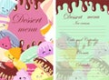 Vector template of dessert, candy, bakery and sweets menu. Sketch hand drawn illustration. Colorful background