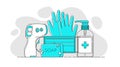 Vector template in flat style of non-contact infrared thermometer, sterile gloves, medical mask, disinfectant hand