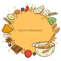 Vector template with a frame of healthy oatmeal muesli. Healthy granola food for breakfast organic snack. Cartoon vector sketch of