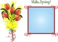 Greeting card: bouquet of tulips and mimosa and frame