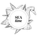 Vector template of greeting card with set of marine animals: shell, seashells, sea horse and sea stars. Vintage style. Royalty Free Stock Photo