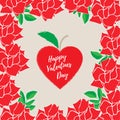 Vector template greeting card for Valentine\'s day. Square frame of red blossom rose flowers with green leafs. Fruit heart Royalty Free Stock Photo