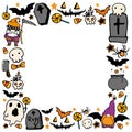 Vector template for Halloween. square frame of cartoon ghost, hat, pumpkin, skull, lollipops, bones, skull, candy, lollipops, bat Royalty Free Stock Photo