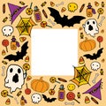 Vector template for Halloween. a square frame made of cartoon-style ghost, hat, pumpkin, skull, candy pop, bones, skull Royalty Free Stock Photo