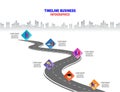 Vector template Infographic Timeline of human life with flags and placeholders on curved roads. Symbols, steps for successful busi