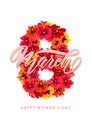 Vector Template Greeting card. March 8 Decor of red spring flowers Calligraphy lettering text International Women`s Day Royalty Free Stock Photo