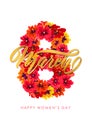 Vector Template Greeting card. March 8 Decor of red spring flowers Calligraphy lettering text International Women`s Day Royalty Free Stock Photo