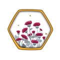 Vector template label with hand draw thistles and bees in hexagon honey comb. Design for honey labels, cosmetics shop