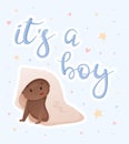 Vector template with newborn african american baby and lettering its a boy. Festive postcard for gender party Royalty Free Stock Photo