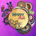 Vector template poster. Indian festival Happy Holi celebrations with hand drawn mandalas background.