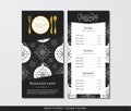 Vector template restaurant menu with gold cutlery and pattern Christmas ball and grey snowflake