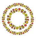 Vector template of a round shape made of gold medals.The set is a frame of yellow medals and orders with red ribbons of various Royalty Free Stock Photo