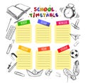 Vector Template School timetable for students and pupils. Illustration includes many hand drawn elements of school supplies. Schoo