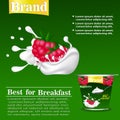 Vector template stickers for packing yogurt with raspberries on a