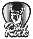 Vector template with stylish design of guitar plectrum with hand and Calligraphic inscription Lets Rock