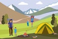 Vector template with tourists. A happy family goes hiking in the mountains. Hiking Royalty Free Stock Photo