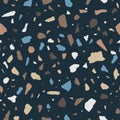 Vector Terrazzo seamless pattern. Abstract Italian flooring stone, concrete color elements texture on dark blue