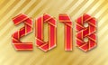 Vector text 2018 made of interlaced red wrapping ribbons on golden background.