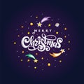 Vector text Merry Christmas isolated in night cosmic round ball shape. Handwritten festive lettering gift greeting card Royalty Free Stock Photo