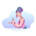 Vector textural illustration of a hipster girl with mobile phone in modern style