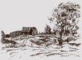 Vector textured sketch of village landscape with trees by road and rural houses