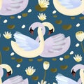 Vector textured swan seamless pattern. Royalty Free Stock Photo