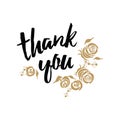 Vector thank you banner decorated gold roses shape. Hand draw floral ornament background.