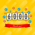 Vector thanks design template for network friends and followers. Thank you 6000 followers card. Image for Social