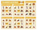 Vector Thanksgiving bingo cards set. Fun family lotto board game with cute turkey, pumpkin, pilgrim for kids. Autumn Fall holiday Royalty Free Stock Photo