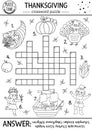 Vector Thanksgiving black and white crossword puzzle for kids. Simple line autumn quiz with traditional symbols for children.