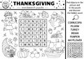 Vector Thanksgiving black and white wordsearch puzzle for kids. Simple line autumn camp crossword with traditional symbols.