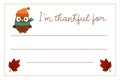 Vector Thanksgiving card. Im thankful for horizontal letter template with cute turkey, owl, hedgehog. Autumn holiday frame designs