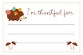 Vector Thanksgiving card. Im thankful for horizontal letter template with cute turkey, owl, hedgehog. Autumn holiday frame designs