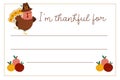 Vector Thanksgiving card. Im thankful for horizontal letter template with cute turkey, owl, hedgehog. Autumn holiday frame designs