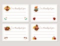 Vector Thanksgiving cards set. Im thankful for horizontal templates collection with cute turkey, pumpkin, owl, hedgehog. Autumn