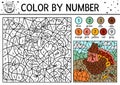 Vector Thanksgiving color by number activity with turkey and pumpkin in the field. Autumn holiday counting game with cute bird.