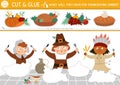 Vector Thanksgiving cut and glue activity. Autumn educational crafting game with cute pilgrims, native American Indian, holiday Royalty Free Stock Photo