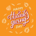 Vector thanksgiving day greeting lettering phrase. Happy thanksgiving with round frame of autumn leaves, pumpkin on Royalty Free Stock Photo