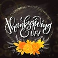 Vector thanksgiving day greeting lettering phrase - happy thanksgiving - with golden round frame, bouquet from Royalty Free Stock Photo