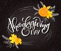 Vector thanksgiving day greeting lettering phrase - thanksgiving day - with frame, chrysanthemum bouquet with doodle