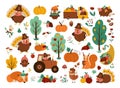 Vector Thanksgiving elements set. Autumn icons collection with funny turkey, animals, harvest, cornucopia, pumpkins, trees. Fall Royalty Free Stock Photo