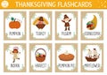 Vector Thanksgiving flash cards set. English language game with cute turkey, pumpkin, pilgrim for kids. Autumn Fall holiday Royalty Free Stock Photo